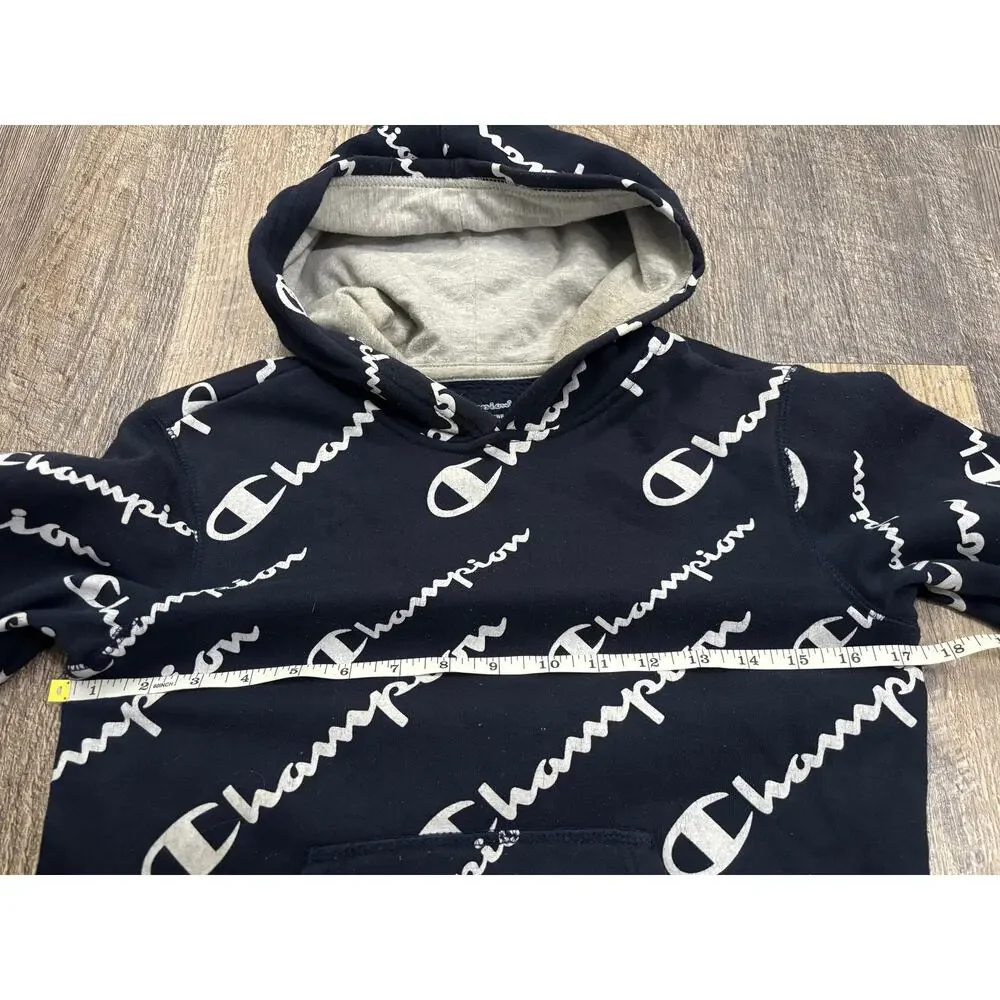 Champion Kids‎ Navy Blue All Over Script Logo Hoodie Sweatshirt Size S Small
